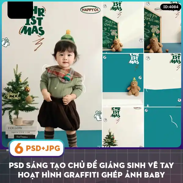 DHV177 - PSD sáng tạo chủ đề Giáng sinh vẽ tay hoạt hình graffiti ghép ảnh baby